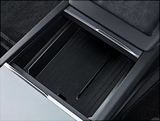 Organisateurs de coffre / Boîtes de rangement en thermoplastique avec tapis en silicone. Compatible avec Tesla Model 3+ Highland 2024. Convient pour la console centrale et l'accoudoir.