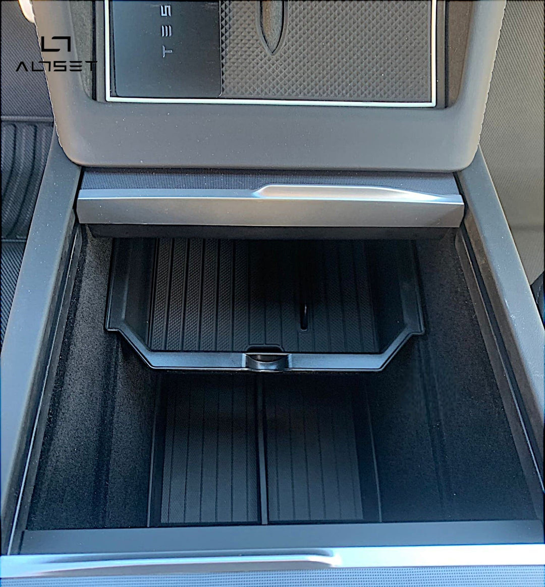 Organisateurs de coffre / Boîtes de rangement en thermoplastique avec tapis en silicone. Compatible avec Tesla Model 3+ Highland 2024. Convient pour la console centrale et l'accoudoir.
